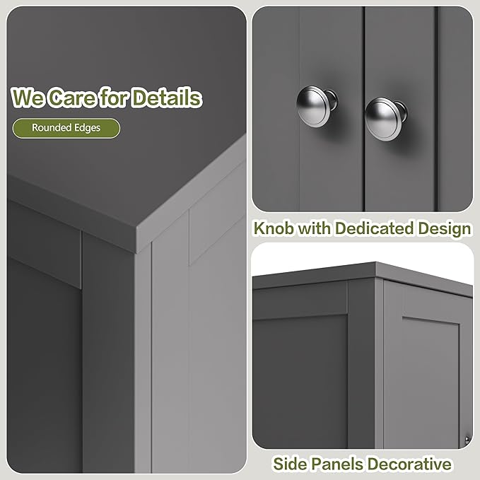Nuturelly Bathroom Floor Storage Cabinet, Freestanding Pantry Cabinets with 4 Doors & 3 Adjustable Heights, Bathroom Organizers and Storage with Top Board & Metal Handles for Kitchen, Grey