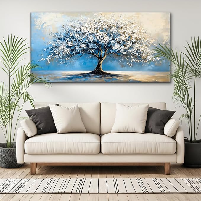 Contemporary Tree of Life Wall Art for Living Room Office Navy Blue White Floral Canvas Painting Prints Nature Artwork over the Couch Bedroom Decor (20x40 Inches)