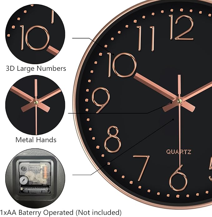 Wall Clock, Silent Wall Clocks Battery Operated 10 Inch- Modern Non Ticking Analog Clock with Large Numerals Tempered Glass Clocks for Bedroom, Living Room, Kitchen, Office Decor, Black