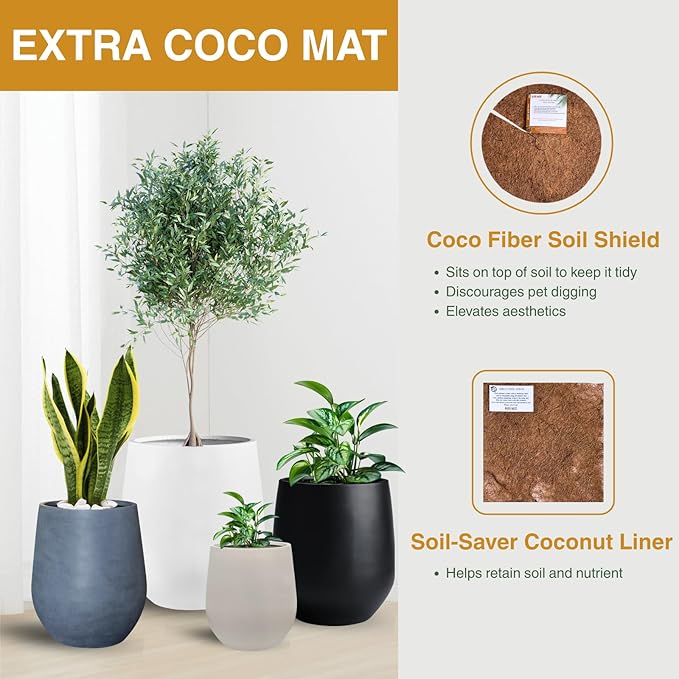 21" H x 19" D Corso Fiberstone Round Tapered Planter with Drainage Hole, Smooth Finishes, for Indoor and Outdoor Use, Included 2 Extra Coco Mats (Taupe, 15" Pot Opening)
