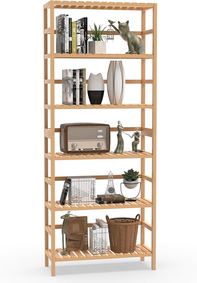 VASMIA 6-Tier Bamboo Shelf,Bamboo Storage Shelving Unit,Tall Bookcase with Adjustable Shelves,Multipurpose Storage Display Shelf for Bathroom, Living