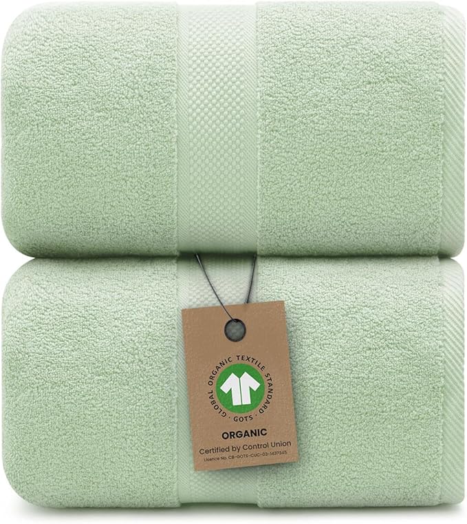 100% Organic Luxury Bath Sheets - GOTS Certified - Extra Large 35x70 Inches (Pack of 2) Zero-Twist, Long-Staple Cotton Bath Sheet Set (Eucalyptus Green)