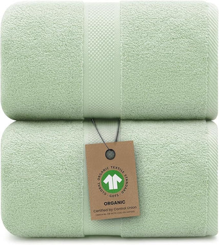 100% Organic Luxury Bath Sheets - GOTS Certified - Extra Large 35x70 Inches (Pack of 2) Zero-Twist, Long-Staple Cotton Bath Sheet Set (Eucalyptus Green)