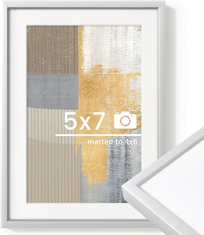 5x7 inch Metal Picture Frame - 5 x 7 Thin Aluminum Photo Frames with 4x6 Removable Mat - High Definition Plexiglass - Ideal for Wall or Tabletop Display - Silver, Set of 1