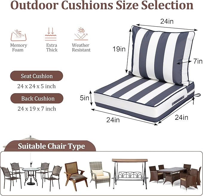 Waterproof Outdoor Chair Cushion Set of 2, 24x24x5 IN Deep Seat Patio Cushions with Fade Resistant Removable Cover,Outdoor Cushions for Patio Furniture with Ties&Handle for Chair Sofa Couch,BlueStripe