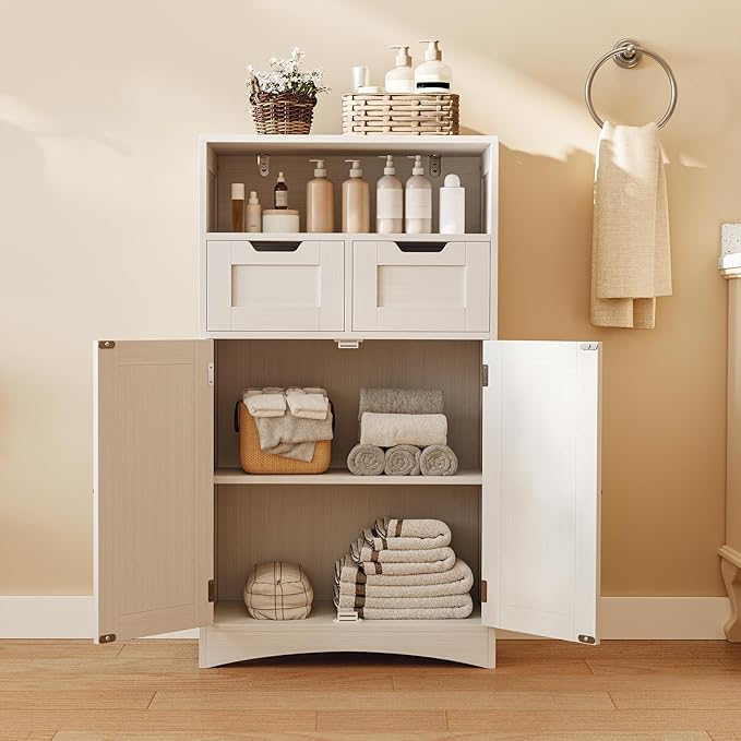 Gizoon Storage Cabinet, Bathroom Cabinet with 2 Drawers and Adjustable Shelves, Freestanding Storage Organizer with Doors for Bathroom, Living Room, Kitchen, Home Office, Hallway