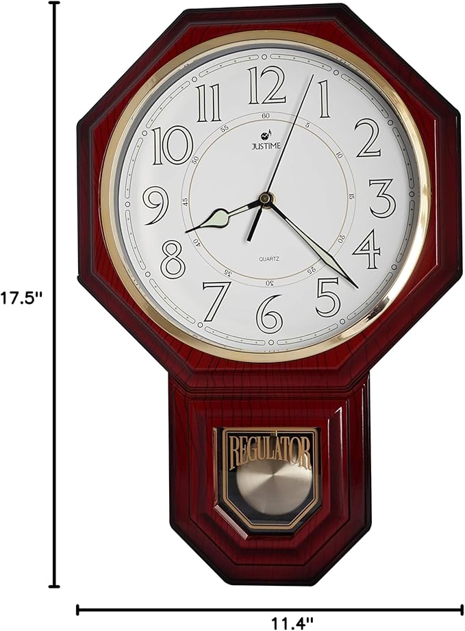 JUSTIME Traditional Schoolhouse Luminious Arabic Regulator Wall Clock, Chiming Wall Clocks with Pendulum & Westminster Chime Hourly, Schoolhouse Wall Decor Battery Operated (Red Mahogany)