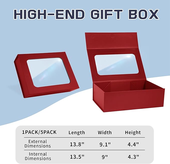 TIACABO Red Large Gift Box with Window, 13.5"x9"x4.3" Bridesmaid Boxe for Gifts Giving,Birthday Gift Boxes with Magnetic,Closure Lid Gifts Box for Presents,Cute Boxe,Luxury for Gift Packaging