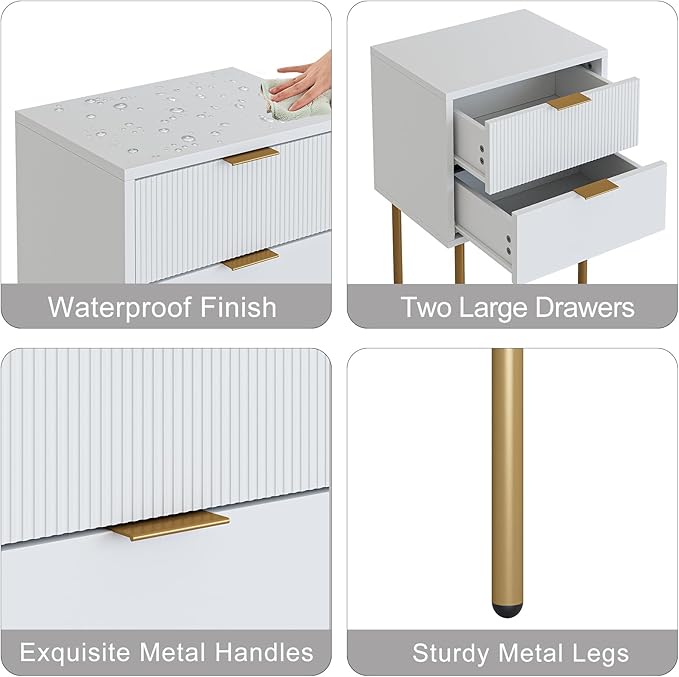 Nightstand,Morden Bedside Table with Gold Frame,Small White Night Stand,End Table,Bedside Furniture,Side Table with Drawer and Shelf for Bedroom,Living Room (2Drawers, White)