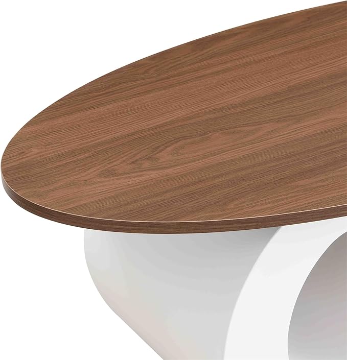 2 Piece Living Room Set, Modern Nest Coffee Table Set of 2, Wooden Brown Tabletop Oval Coffee and End Table Set with White Metal Geometric Base