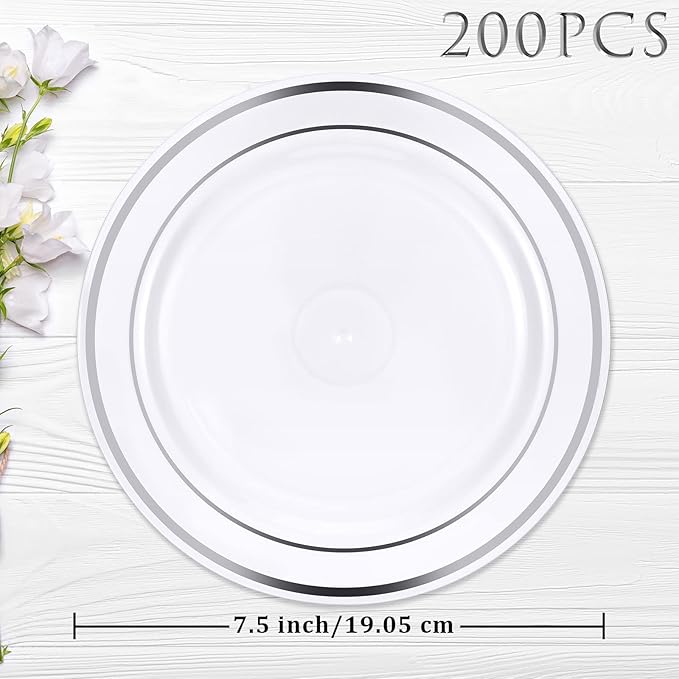 200 Pieces Disposable Plates Plastic Party Plates with Rim Hard Plastic Appetizer Salad Dessert 7.5 Inch Elegant Heavy Duty Tableware for Dinner Wedding Party Supplies(Silver Rim)