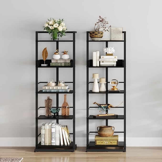 Hosfais Book Shelf Tall Bookshelf: 5 Tier Wood Bookcase with Metal Edge Protection Industrial Narrow Bookshelf Corner Storage Organizer Display Book Rack for Living Room Bedroom Home Office (Black)