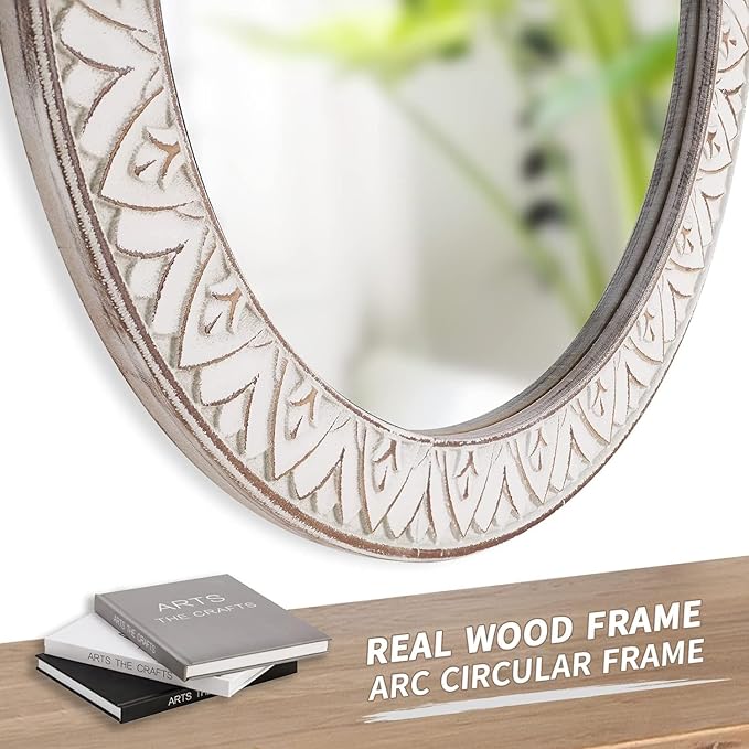 24" Round Mirror Farmhouse Wooden Frame Circle Mirrors, Rustic Decorative Distressed Wall Mounted Mirror for Bathroom, Bedroom, Living Room, Entryway, Fireplace, Hall