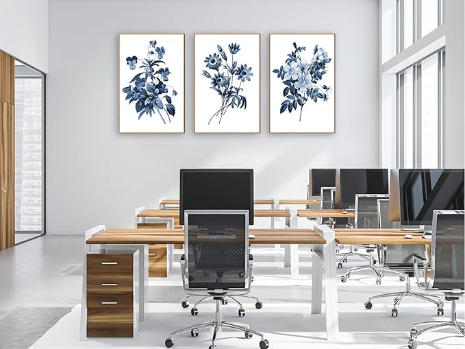 Large Framed Canvas Wall Art - Natural Float Framed Indigo Flowers Picturtes for Living Room Decor Retro Blue Floral Botanical Artwork Plants for Bedroom Kitchen Home Office Decor 72" X 36" Set of 3