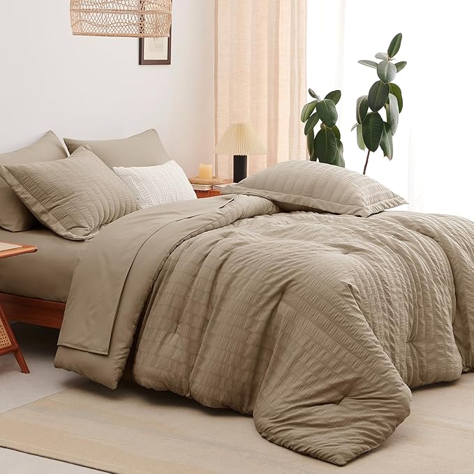 CozyLux Full Size Comforter Sets with Sheets Seersucker 7 Pieces Taupe Bed in a Bag Textured Luxury Soft Bedding Set with Down Alternative Comforter, Sheets, Pillowcases & Shams for All Seasons