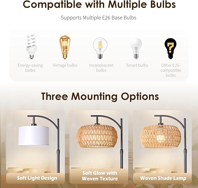Boho Rattan Floor Lamp with Shade - 12W Bright LED Bulb, Adjustable Height 48-60 Inch, Remote Control 3 Color Temperatures, Handwoven Arc Standing Light for Living Room