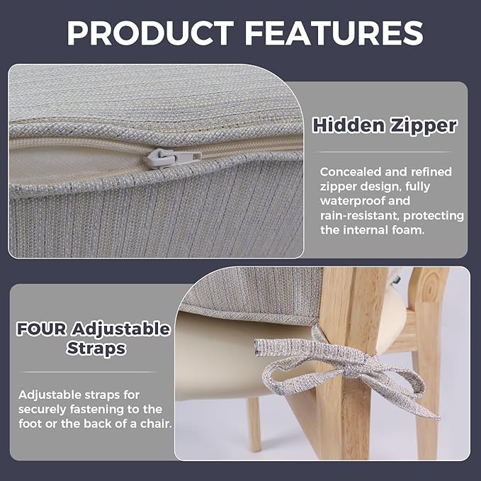 Outdoor Chair Cushion 18 x 18 x 3 Inch, Waterproof & 3-Year Fade Resistant Patio Furniture Cushions, Removable Cover and Adjustable Ties for Garden Sofa Couch (Beige)