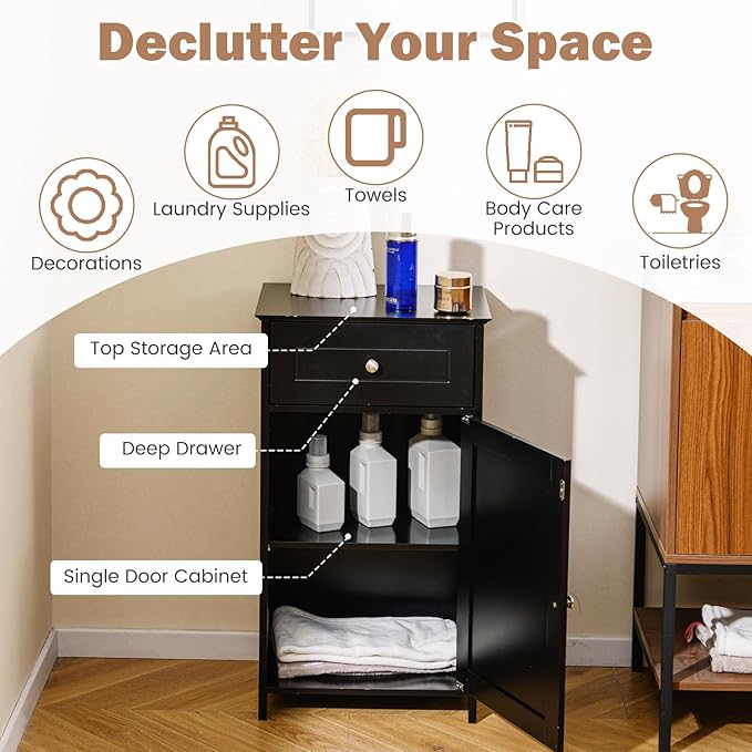 Tangkula Small Bathroom Cabinet for Small Spaces, Free-Standing Single Door Storage with Adjustable Shelf, Anti-Tipping Device, Smooth Drawer, Floor Cabinet for Bathroom & Living Room (Black)
