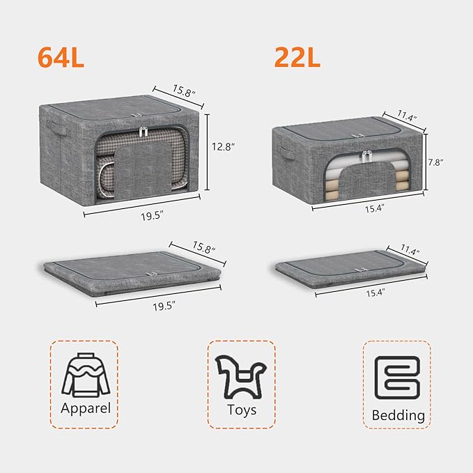 Stackable Clothes Storage Bins with Metal Frame, 4 Piece Stackable Clothes Organizer with Double Opening + Clear Window Design for Cabinets, Under Beds, Storage and Garage Gray 2 * 22 L + 2 * 64 L
