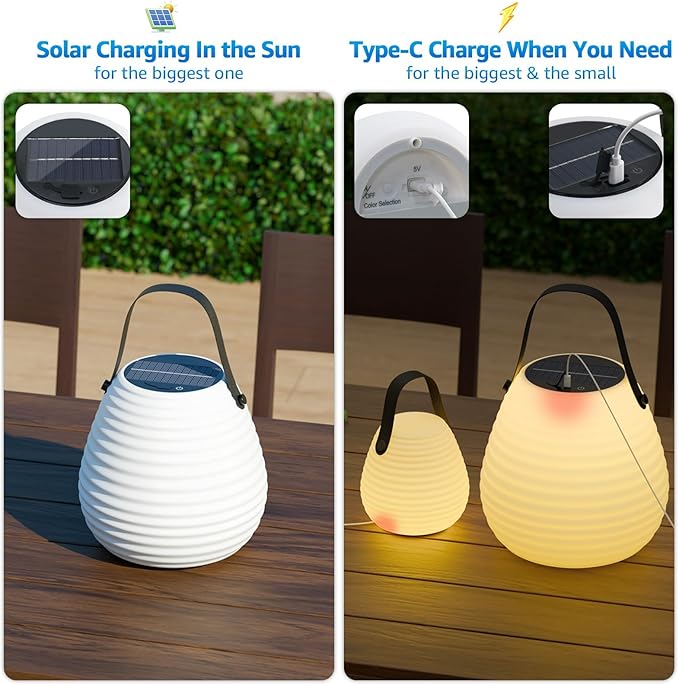 uuffoo 2-Pack Solar Table Lamp Outdoor Water-Resistant Portable Lantern with Remote and 8 Colors, Dimmable Cordless Lamp for Outside Garden Patio Camping Terrace