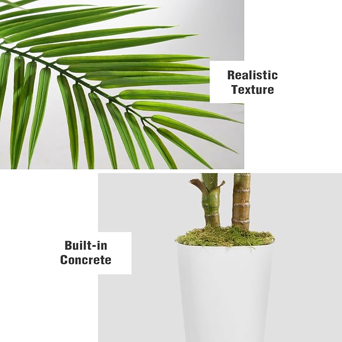Artificial Palm Tree 5FT - Vitalismo Fake Plants with White Tall Planter, Faux Tropical Golden Cane Palm Tree with Two Trunks and 18 Realistic Palm Leaves, Indoor Floor Plants for Home Office Decor
