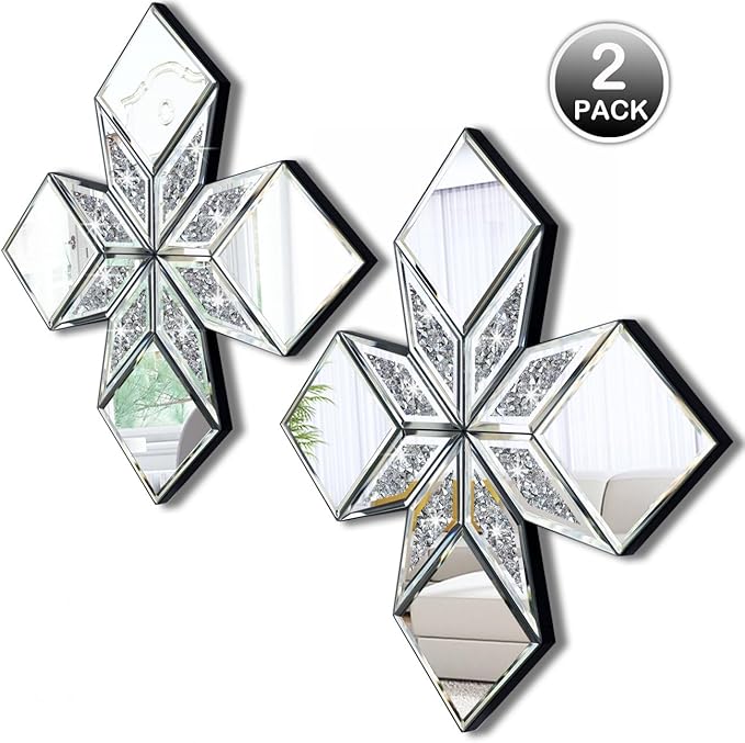 Crushed Diamond Decorative Mirror 2 Pack 16.75x16.75” Diamond Shape Glass Decor Wall Mirror for Home Decor, Accent Mirror