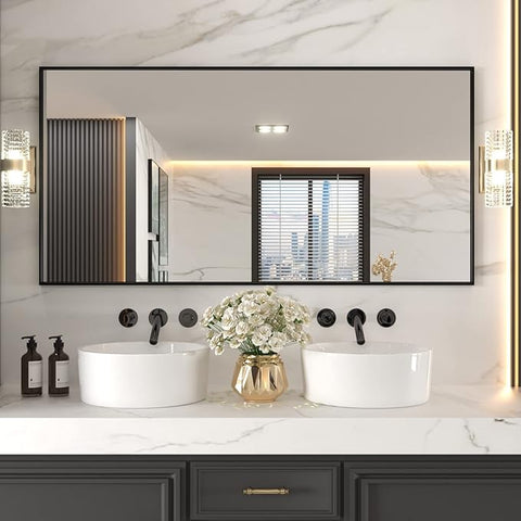 LOAAO 72"X36" Black Rectangle Bathroom Mirror Wall, Matte Black Aluminum Alloy Frame, Tempered Glass, Hangs Vertically or Horizontally, Easy to Install