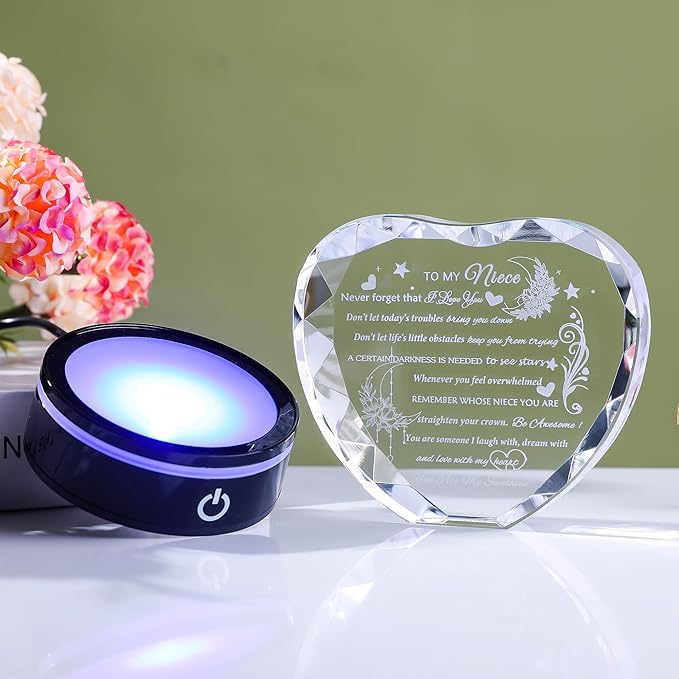 YWHL Niece Gifts from Auntie Uncle Heart Crystal Inspirational Graduation Gift for Niece with Colorful LED Base Unique Niece Gifts from Aunt on Birthday Christmas Valentine Day