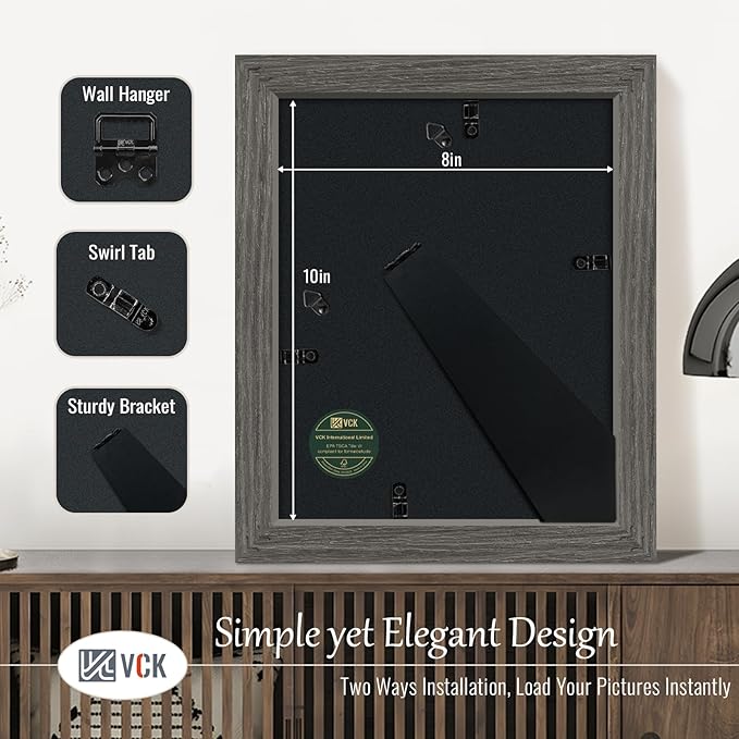 VCK 8x10 Picture Frame 5 Pack, Gray Solid Wood Frame, Exclusive Wood Grain, Wall Gallery Frame
