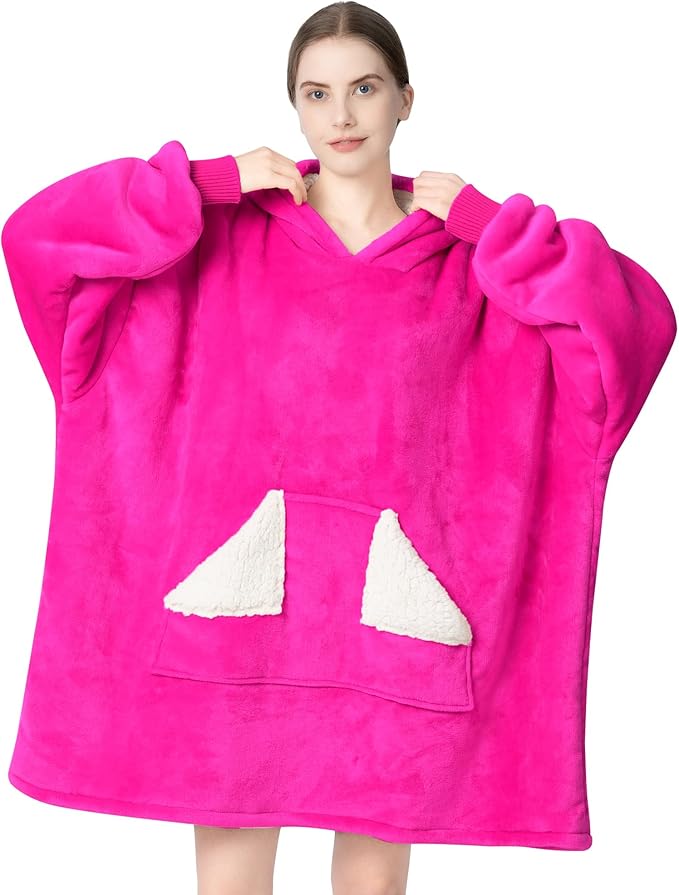 Touchat Wearable Blanket Hoodie, Oversized Sherpa Fleece Sweatshirt Blanket with Giant Hood Pocket and Sleeves for Adult, Warm & Cozy Blanket Gifts for Women (Neon Pink)