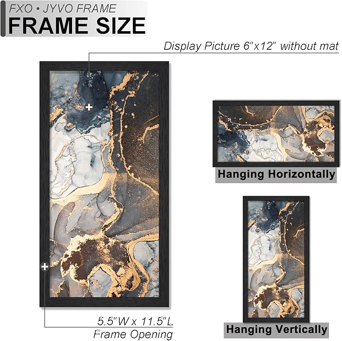 Engineered Wood 6x12 Picture Frame Set of 3, Black Frame for 6 x 12 Inch Picture Poster Photo, Light Weight 6 by 12 Frame with Wood-grain for Wall - 3 Pack/Black/6"x12"