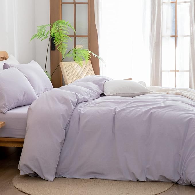 BESTOUCH Duvet Cover Set 100% Washed Cotton Linen Feel Super Soft Comfortable Chic Lightweight 2 PCs Home Bedding Set Solid Taro Purple Twin/Twin XL