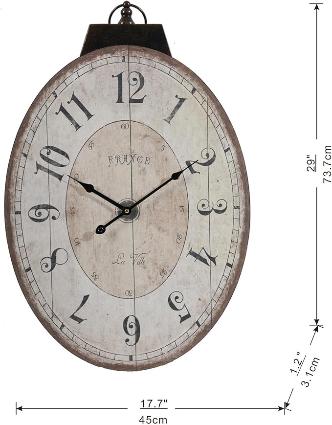 18" x 29" Rustic Farmhouse Oval Wall Clock, Solid Wood Silent Non-Ticking, Battery Operated Decorative Clock for Living Room, Kitchen, Bedroom, Office and Home Decor
