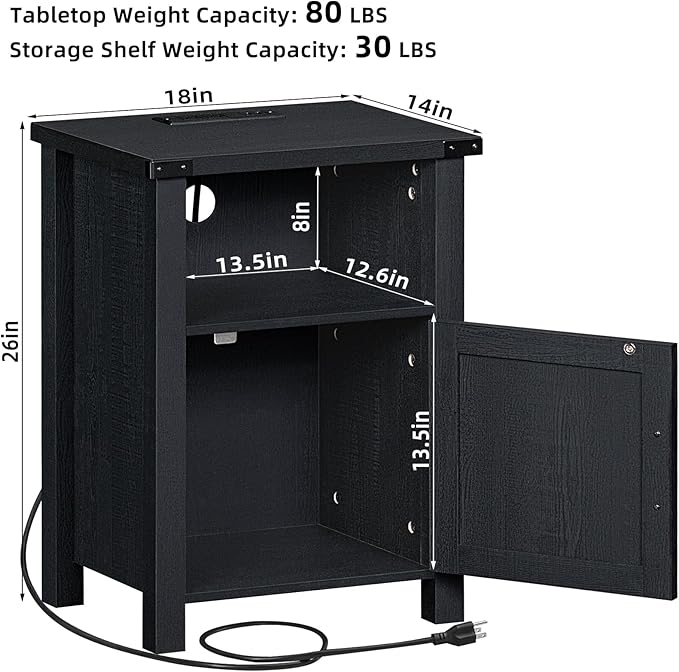 Night Stand, 18 Inch Farmhouse Nightstand with with Charging Station and USB Port, Rustic Couch End Table with Magnetic Door, Wood Bed Side Tables for Bedroom, Home, Black