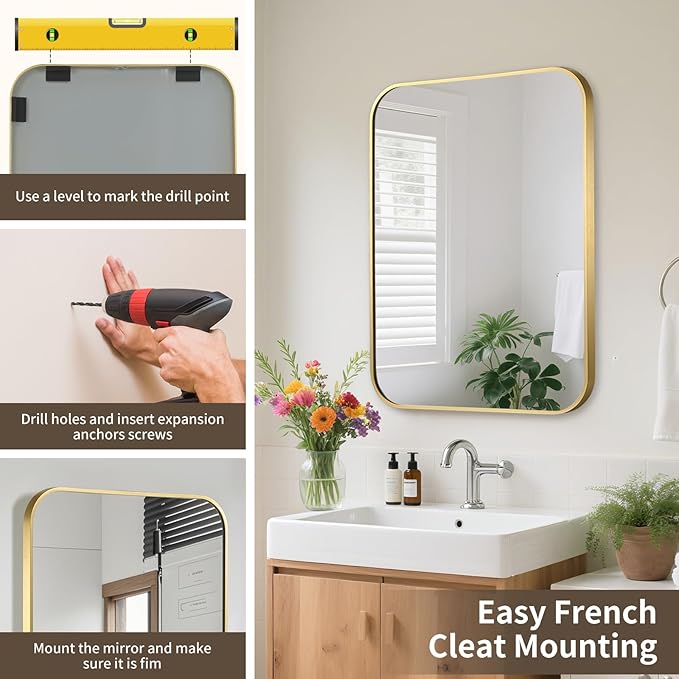Gold Bathroom Mirror, 30x36 Inch Aluminum Frame Rectangle Mirror, Anti-Rust, Tempered Glass, Wall Mirror for Over Sink, Vanity, Bedroom, Entryway, Horizontal/Vertical