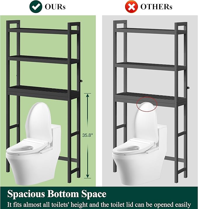 Smiry Over The Toilet Storage Cabinet, 3-Tier Bamboo Bathroom Organizers with Adjustable Shelf & 4 Hooks, Space Saving Shelf Rack for Bathrooms, Laundry Room, Balcony, Black