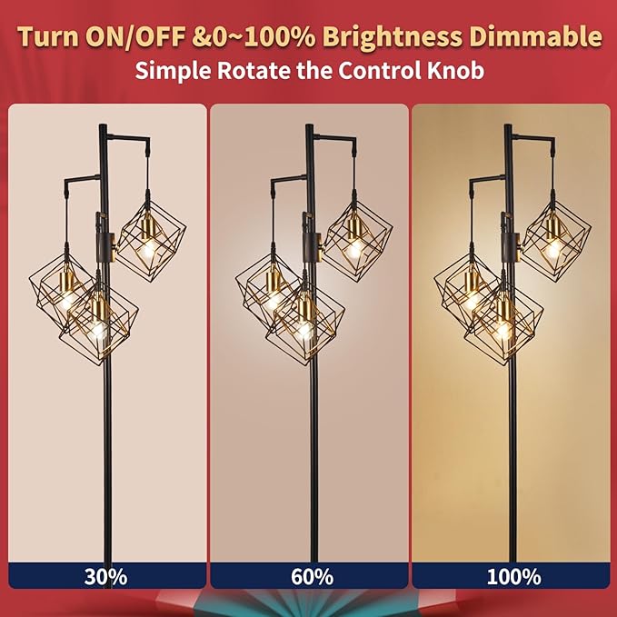 Dimmable Farmhouse Floor Lamp for Living Room, 3 Light Rustic Standing Tall Lamp, Modern Bright Floor Lamp, Industrial Standing Lamp for Bedroom, Tall Pole Lamps Office, 3 LED Bulbs Included.