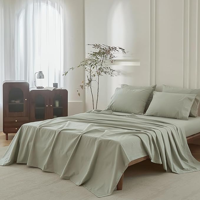6PS Linen Like Bedding Sheet Sets Sage Green Queen Size Cotton Bedding Set Oeko-TEX Standard 100% Washed Cotton Deep Pocket Queen Size Fitted Sheet Plus Cozy Flat Sheet and 4 Pillowcases