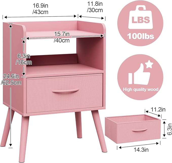 NightStand with Open Shelf,Night Stand with Drawer Storage Side Tables End Table,Bedside Table with Solid Wood Feet,Mid Century Night Stands for Bedroom Sofa Couch Small Spaces (Pink)