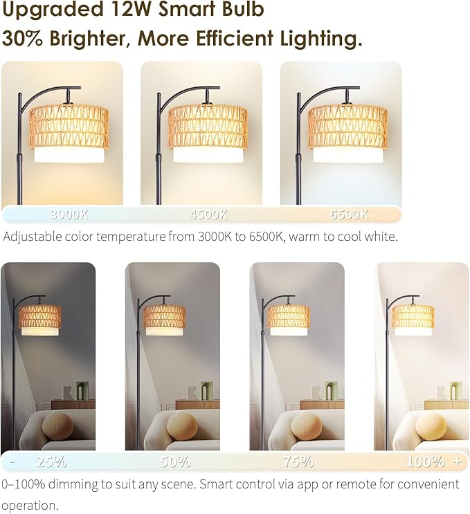 Bohemian Rattan Floor Lamp for Living Room - Black Arc Design, 12W LED (1 in use + 1 Spare), Remote & Dimmable 3 - Color Temp, Tall Standing Lamp