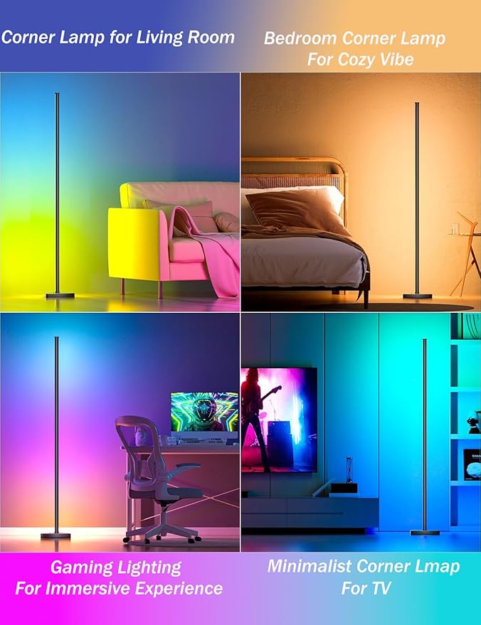 Corner Floor Lamp, 2 Pack LED Corner Lamp with APP and Remote Control, 16 Million DIY Colors & Warm White, Music Sync, Timing Function, Color Changing Ambient Lights for Living Room, Bedroom, Gaming