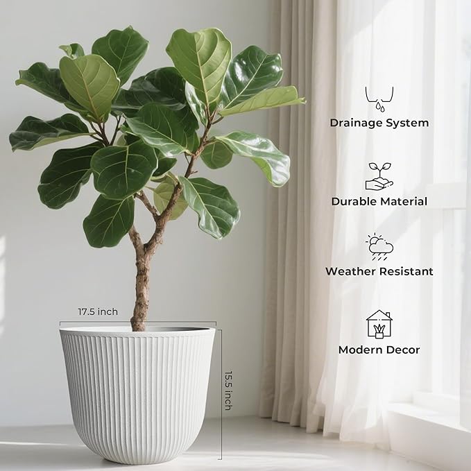 WORTH Garden Round Large Planter Pot 1-Pack - 17.5" Dia x 15.5" H - Durable Plastic White Plant Tree Pots with Vertical Stripe Textured Finish, Drainage Hole for Indoor, Outdoor, Front Porch, Patio