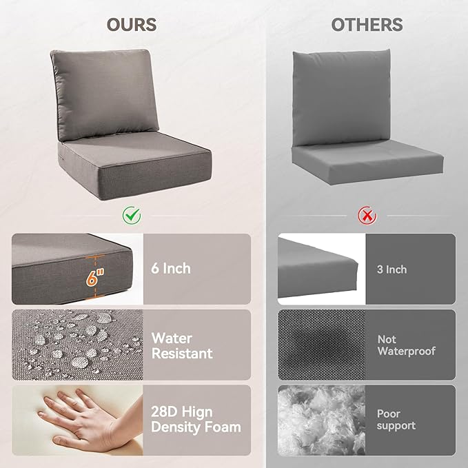 Luxury 6" Outdoor Cushions for Patio Furniture, 24x24x6 Thick Seat Cushion Set of 7, Fade Resistant Couch Chair Replacement Cushions High Density Deep Wicker Chair Cushion w/Removable Cover Gray