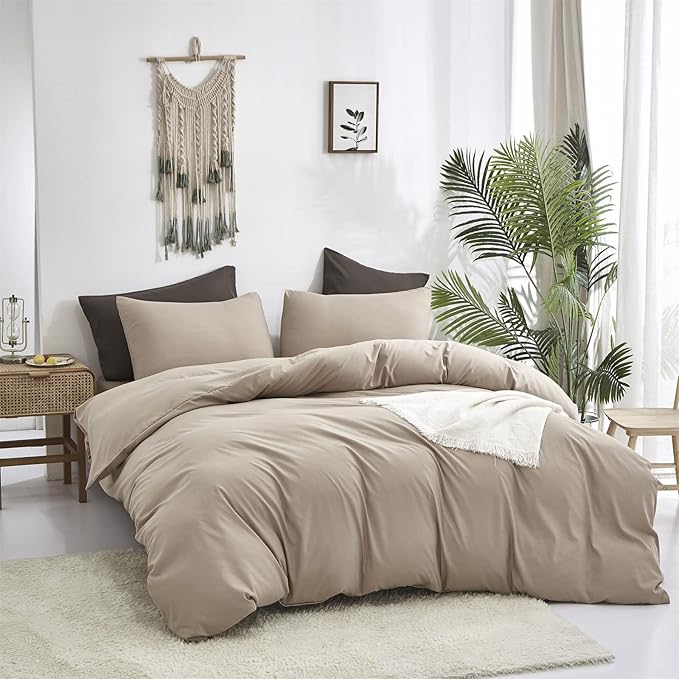 Cottonight Khaki Comforter Set Twin Cream Coffee Bedding Comforter Set Dark Champagne Solid Blanket Quilts Cotton Modern Soft Breathable Taupe 3 Piece Bedding Set for Women Men Adults Teens