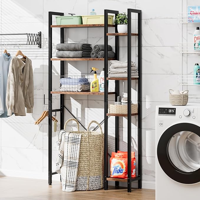 OTK Over The Toilet Storage with 7-Tier Bathroom Organizer Shelf, Freestanding Space Saver with Hooks & Adjustable Feet, Storage Rack for Bathroom, Restroom, Laundry, Vintage