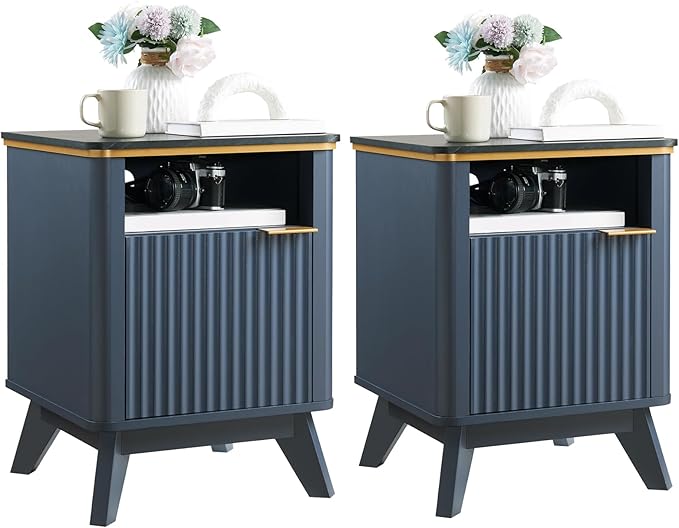 QUW Fluted Nightstand Set of 2 with Charging Station, Bedside Table with Open Storage and Cabinet, 18" Modern Side Table, End Table for Bedroom, Living Room, Navy Blue