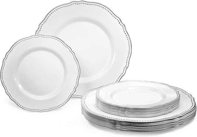 " OCCASIONS " 240 Plates Pack,(120 Guests) Heavyweight Premium Disposable Plastic Plates Set -120 x 10.25'' Dinner + 120 x 7.5'' Salad/Dessert (Rochelle White and Silver)