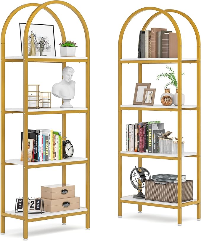 Tribesigns 4-Tier Open Bookshelf Set of 2, 70.8" Modern Wood Bookcase Storage Shelves with Metal Frame, Freestanding Display Rack Tall Shelving Unit for Bedroom, Living Room (White and Gold, 2PCS)