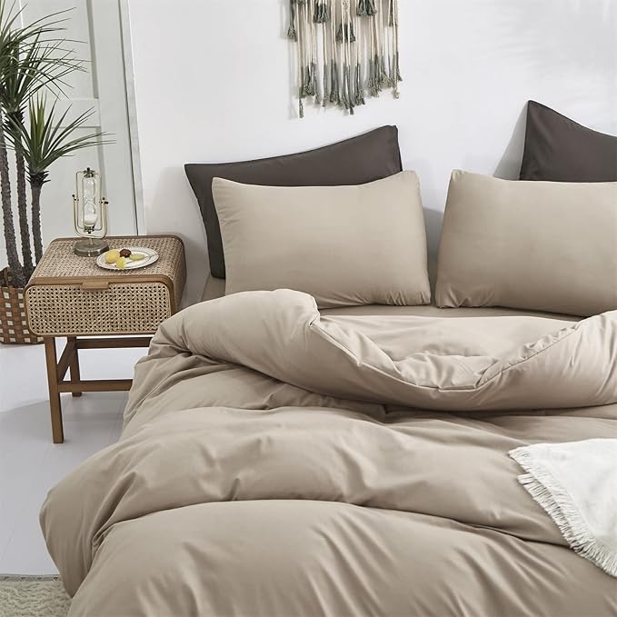 Cottonight Khaki Comforter Set Twin Cream Coffee Bedding Comforter Set Dark Champagne Solid Blanket Quilts Cotton Modern Soft Breathable Taupe 3 Piece Bedding Set for Women Men Adults Teens