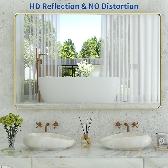 WEER Gold Bathroom Mirror, 55X36 Inch Brushed Gold Metal Frame Mirror, Rounded Rectangle Gold Bathroom Vanity Mirror for Wall, Tempered Glass, Anti-Rust, Hangs Horizontally or Vertically